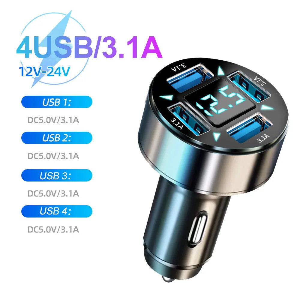 250W PD Car Charger QC3.0 Fast Charge One to Six Car Cigarette Lighter Plug 5 Port Car Charger Flash Charge with Digital Display