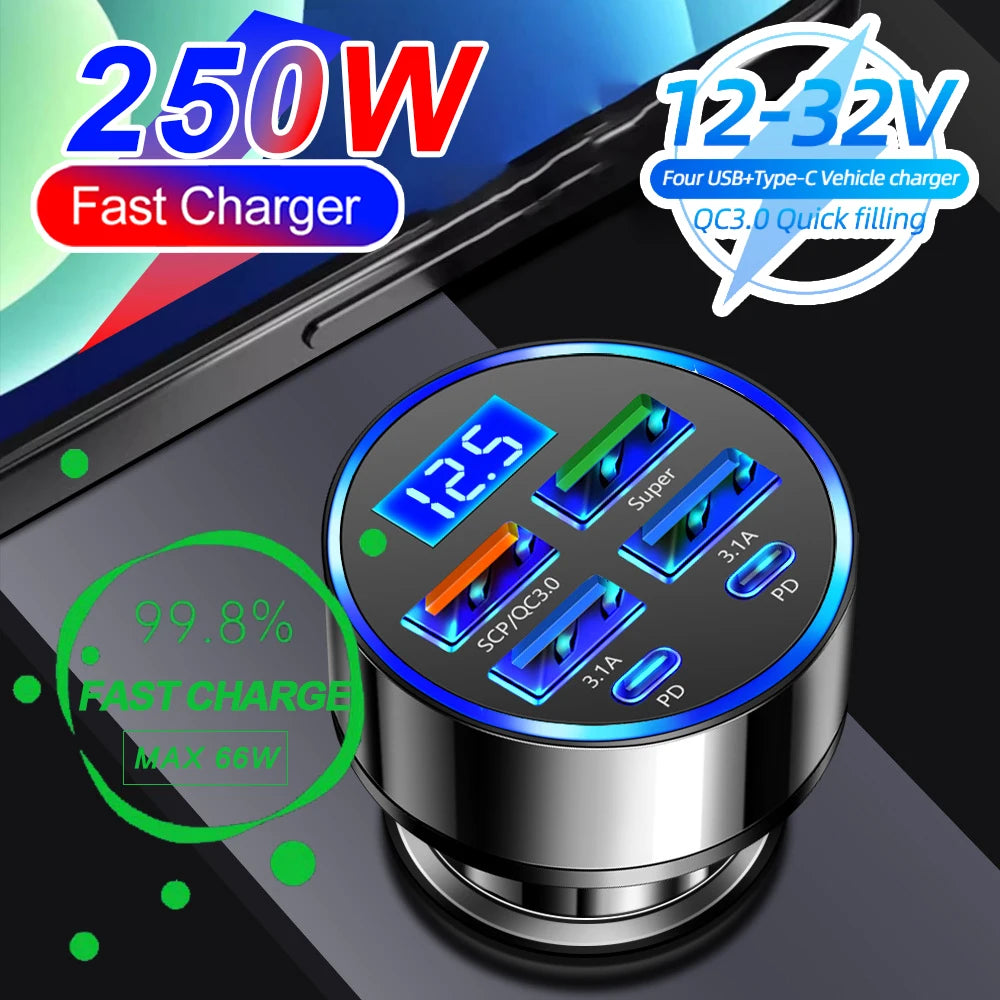 250W PD Car Charger QC3.0 Fast Charge One to Six Car Cigarette Lighter Plug 5 Port Car Charger Flash Charge with Digital Display