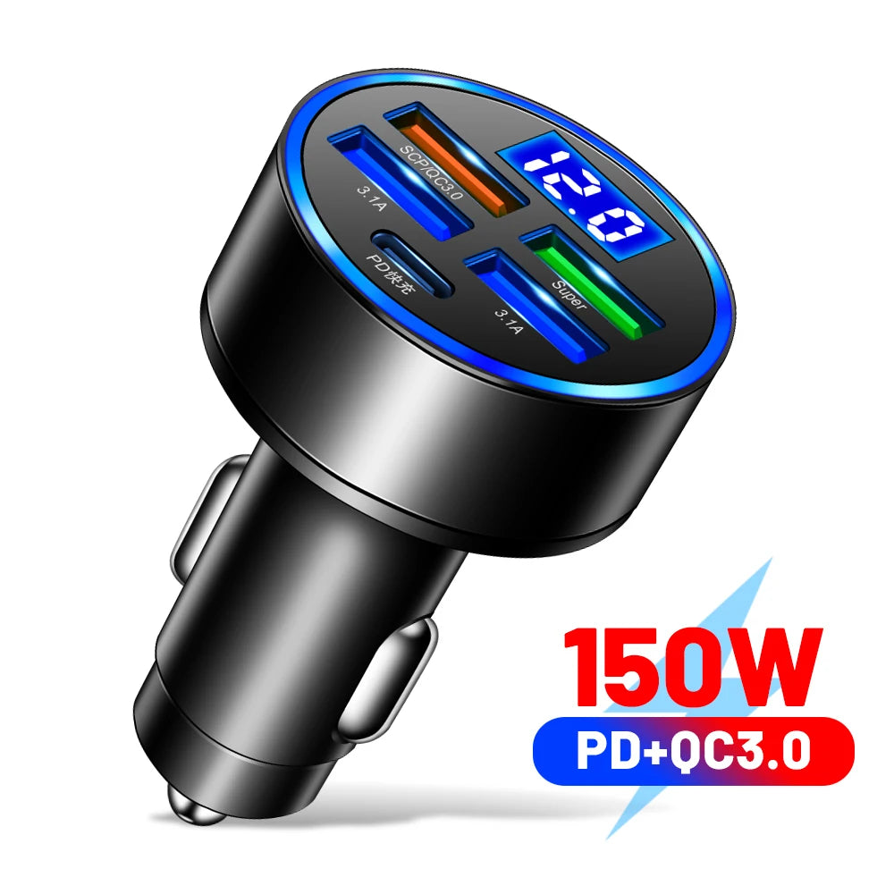 250W PD Car Charger QC3.0 Fast Charge One to Six Car Cigarette Lighter Plug 5 Port Car Charger Flash Charge with Digital Display